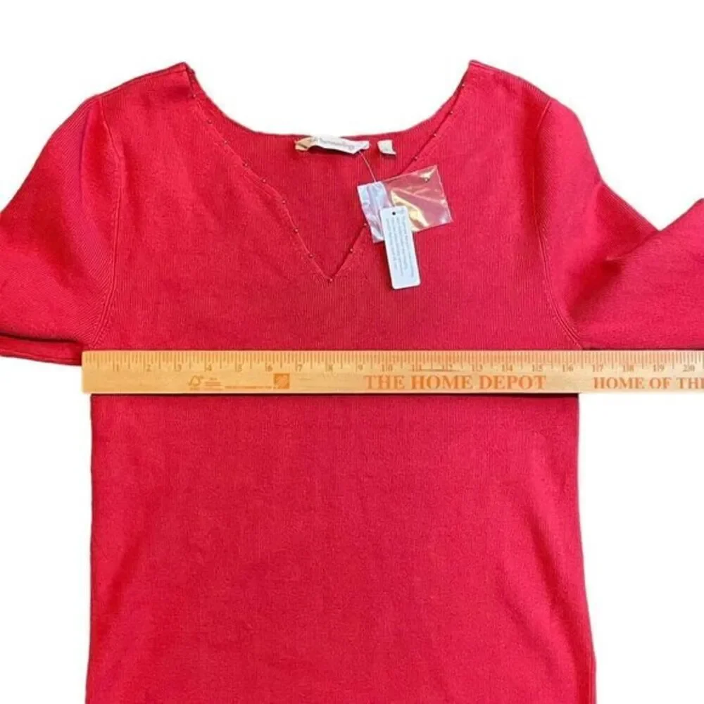 Soft Surroundings Red Knit Sweater Women's Large Embellished V-Neck‎ 3/4 Sleeve